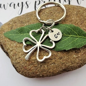 4 LEAF CLOVER keychain personalized with initial charm -1 3/8 inches in diameter - silver lucky clover keychain, purse charm or zipper pull