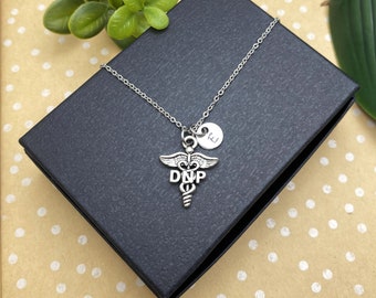 DNP caduceus necklace w initial charm - DNP doctor in nursing practice necklace on a stainless steel chain