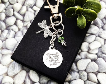 REMEMBRANCE KEYCHAIN with "Dragonflies appear when angels are near" with dragonfly charm and Swarovski crystals