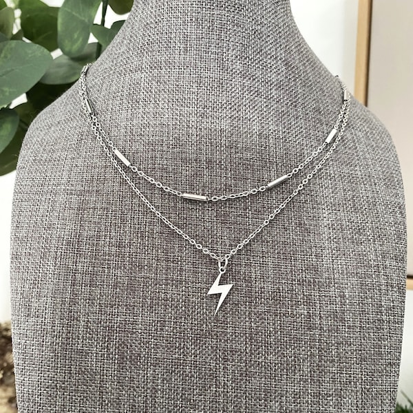 MINIMALIST LAYERED NECKLACE 2 strands all stainless steel w tiny stainless steel 5/8" lightning bolt, small cable & tube chains, non tarnish