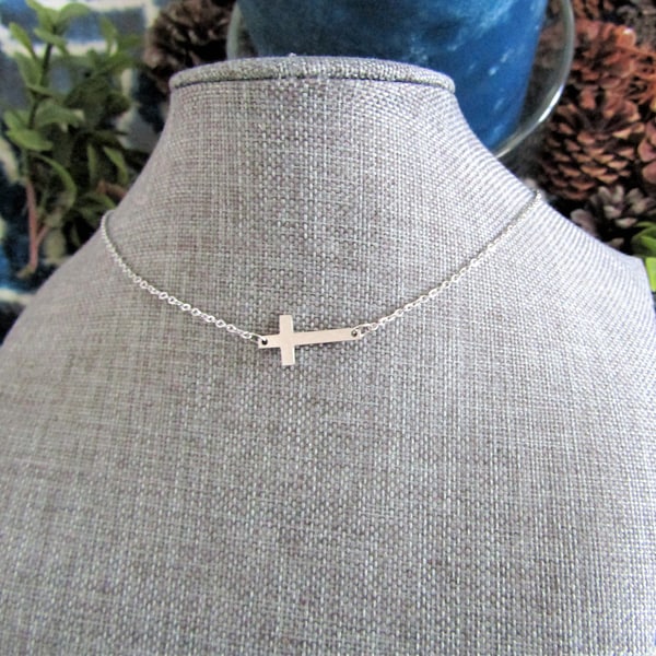 STAINLESS STEEL sideways CROSS necklace on a stainless steel chain - 3/4 inch cross non tarnish hypoallergenic necklace - free shipping