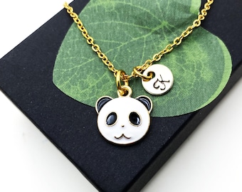 PANDA BEAR NECKLACE on a gold plated chain personalized with initial charm - 5/8" panda - choose your chain length