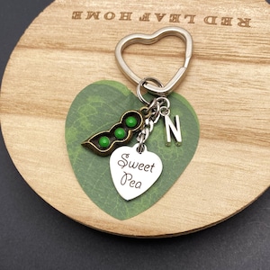 SWEET PEA KEYCHAIN personalized with initial charm - &quot;Sweet pea&quot; engraved, green peas, initial charm keychain - so cute!