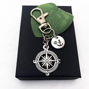 COMPASS KEYCHAIN personalized with initial charm - compass keyring, purse charm or zipper pull