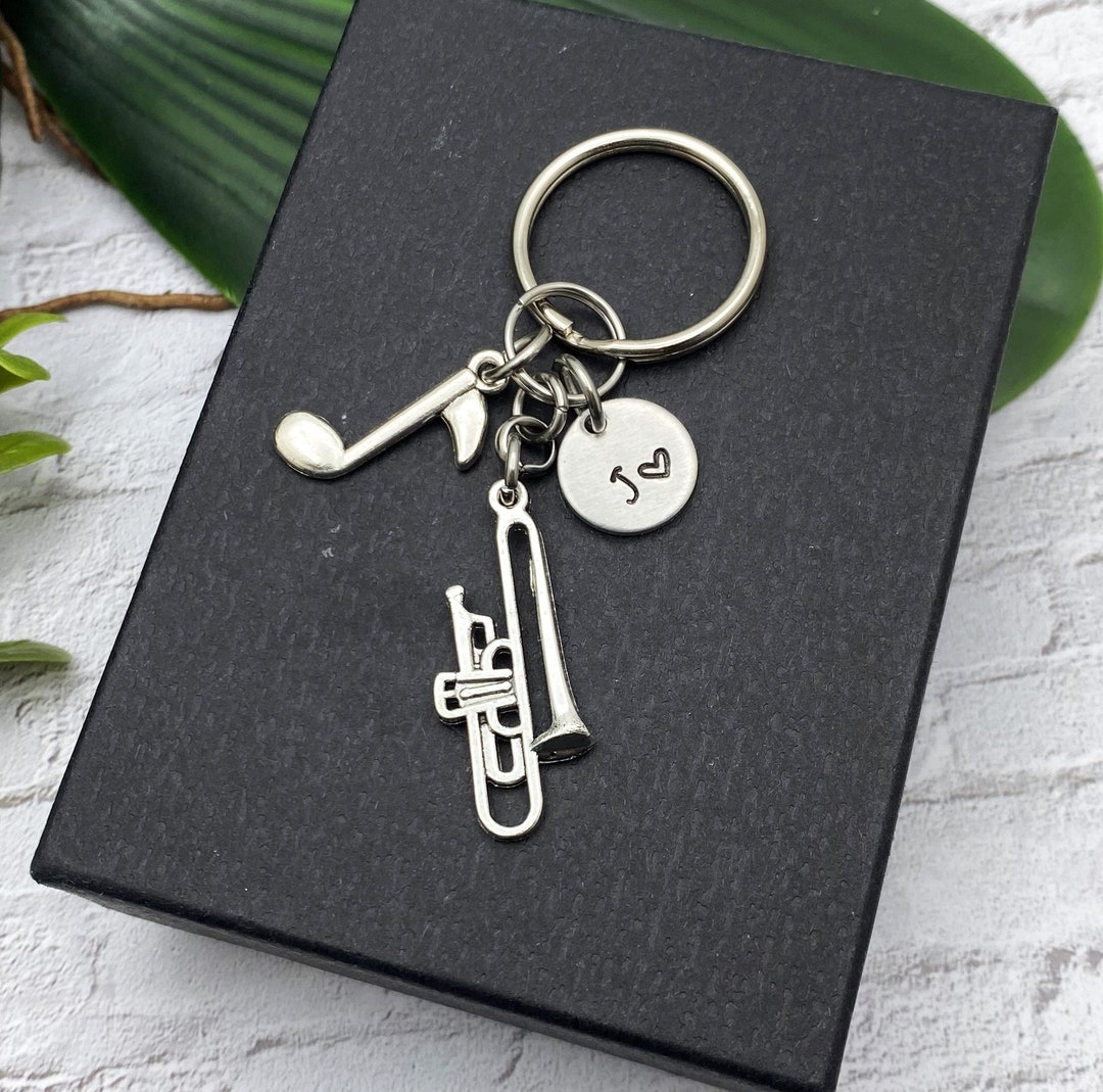 TROMBONE KEYCHAIN W Music Note & Personalized With Initial Charm