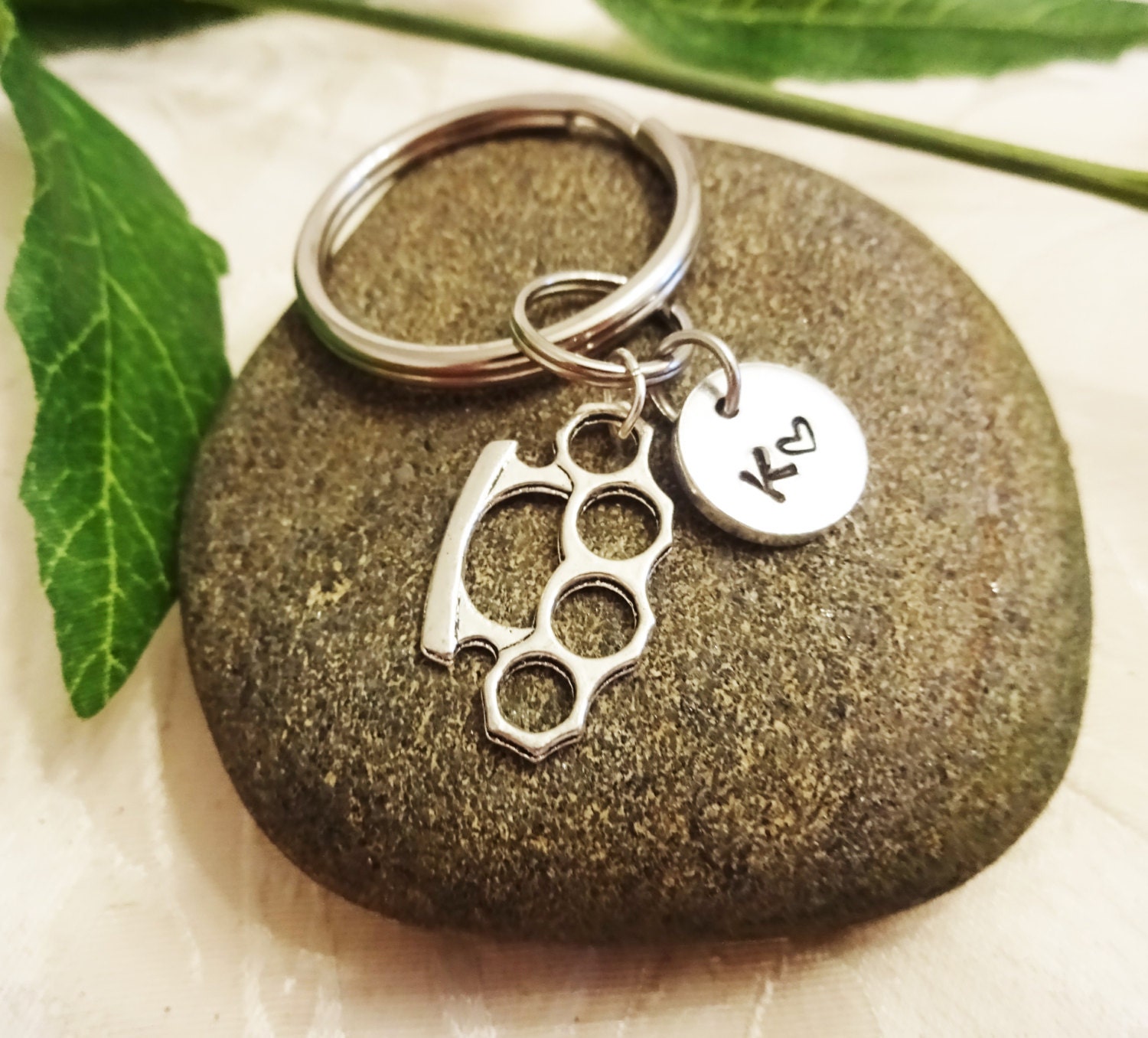 BRASS KNUCKLES KEYCHAIN with initial charm use as keychain Etsy