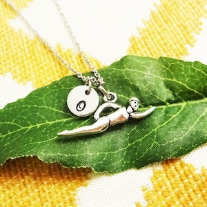 SWIMMER NECKLACE in silver tone with girl swimming  - personalized with initial charm on a stainless steel hypoallergenic non tarnish chain