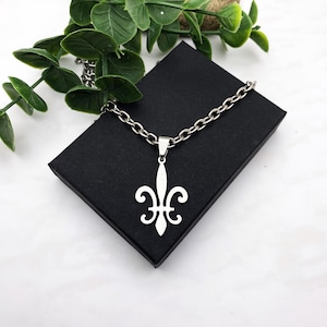 Stainless steel FLEUR DE LIS necklace on a 6.5mm cable chain - shiny 27mm x 19.5mm flower non tarnish hypoallergenic minimalist necklace