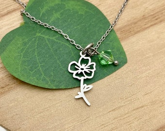 Stainless steel small AUGUST BIRTH MONTH flower necklace, Poppy flower, silver tone, Peridot Swarovski birthstone crystal, non tarnish