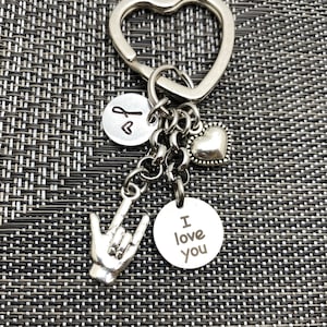 I LOVE YOU with heart hand sign keychain with initial charm- keychain, zipper pull or purse charm