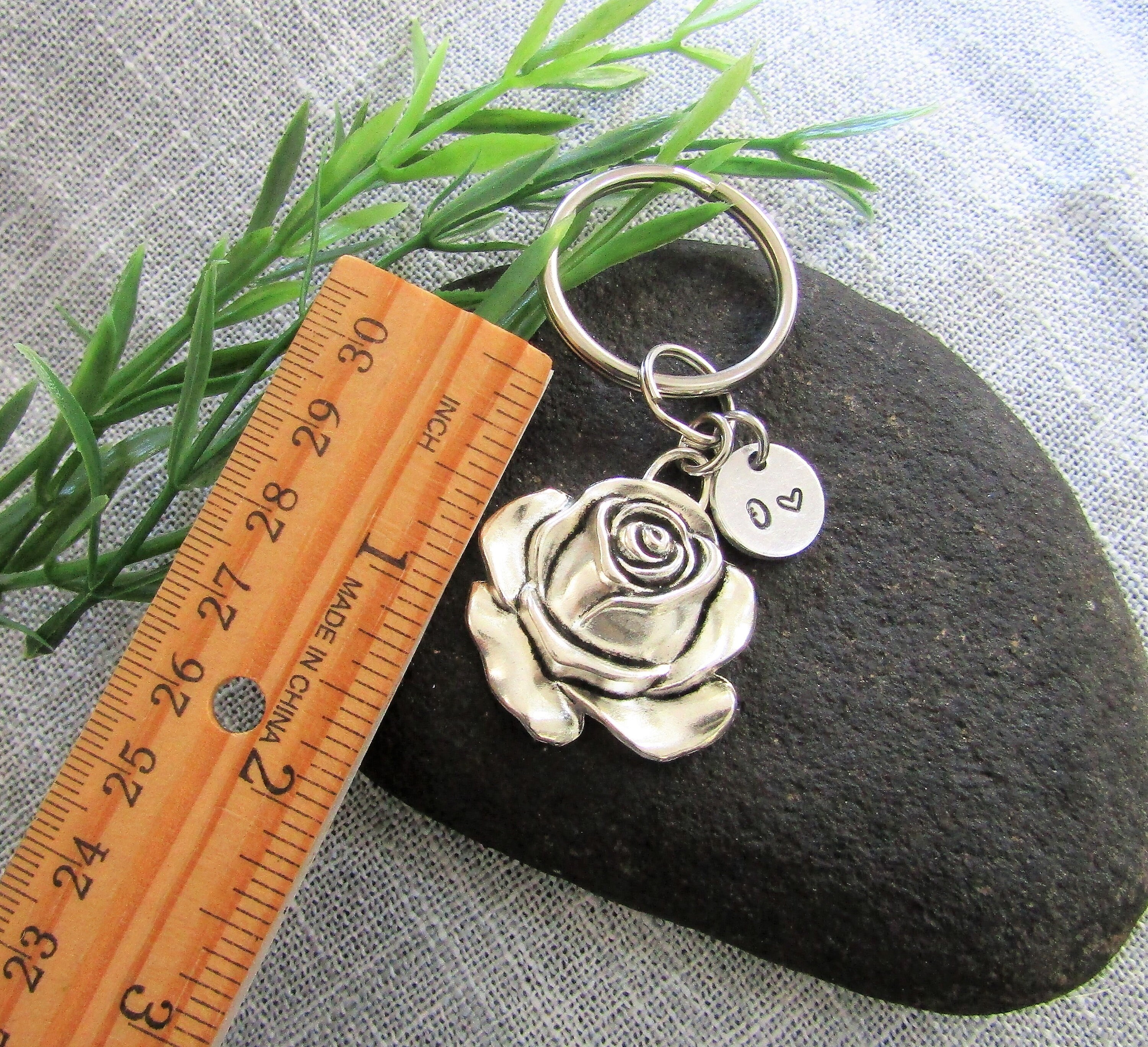 ROSE KEYCHAIN With Initial Charm Silver Tone Rose Keychain Etsy Australia