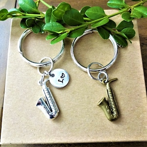 3D SAXOPHONE KEYCHAIN personalized with initial charm - choose silver or bronze sax - keychain or zipper pull