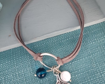 Soft Grey Suede Boho Mermaid Hippie Anklet, Mermaid Tail, Coin Pearl and Deep Turquoise Glass Bead with Lobster clasp