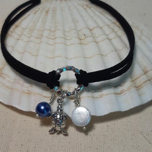 Boho Hippie Beachy Mermaid Black Suede Leather Anklet with Tibetan Silver Turtle, Coin Pearl, Silver Plated ring and lobster clasp