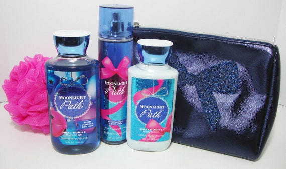 Bath Body Works Moonlight Path Gift Set Glitter Pouch Mist Lotion Gel Pouf