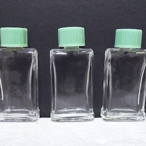 Antique Mini Perfume Oil Glass Rectangle Bottles Lot 3 Green Bakelite Lid 1 7/8