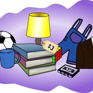 May include: A collection of various items for sale, including a soccer ball, a lamp, a stack of books, a pair of overalls, a suit jacket, a Rubik's Cube, a cassette tape, and a blue mug. A price tag reads "$3".
