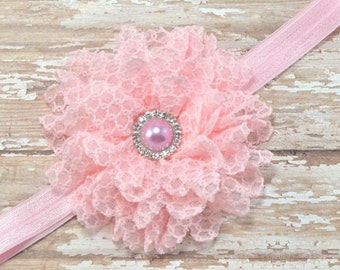 Pink Lace Flower Headband, Pink Floral Headband, Pink Lace Headband, Newborn Flower Headband, Pink Baby Headband, Photo Prop, Pink Headband