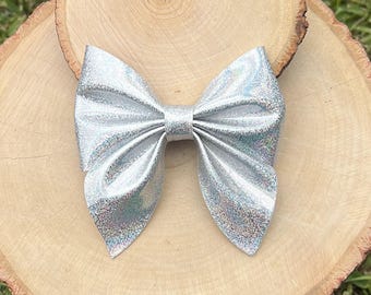 Silver Hair Bow Clip, Silver Faux Hair Bow, Pink Hair Bows,  Sailor Hair Bows, Toddler Hair Bows, Soft Hair Bows, Pink Vinyl Bow, Shiny Bow