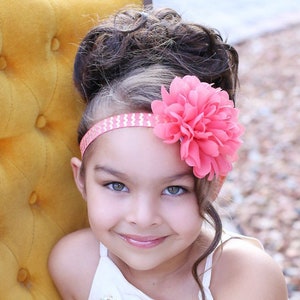 Coral Flower Headband, Coral Flower Girl Headband, Coral Hair Bow, Coral Hair Flower, Coral Bow, Salmon Headband, Coral Wedding Headband