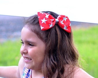 Star Hair Bow, Patriotic Hair Bow, Patriotic Bow, Star Bow, Fourth of July Bow, Big Red Hair Bows, 4th of July Bows, Tailless Bow