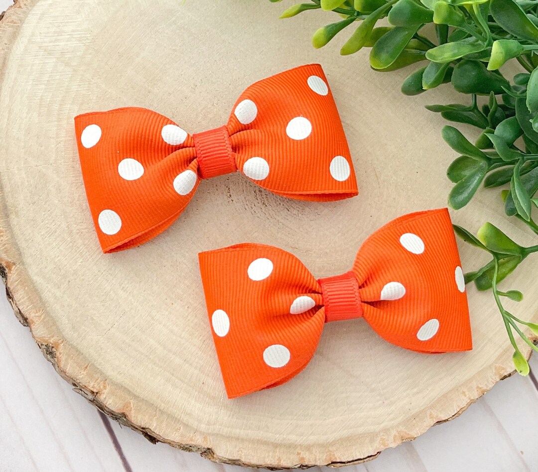 Orange Polka Dot Bows, Orange Bow Hair Clips, Polka Dot Hair Clips, Orange Pigtail Bows