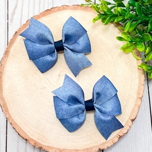 Denim Hair Bows, Denim Bow Clips, Denim Print Pigtail Bows, Blue Denim Bows, Denim Hair Clips, Denim Bow Hair Clips, Denim Clips