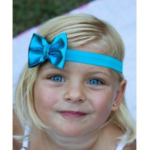 Aqua Bow Headband, Aqua Headband, Aqua Bow, Aqua Blue Headband, Metallic Bow Headband, Newborn Photo Prop, Aqua Flower Girl Headband image 1