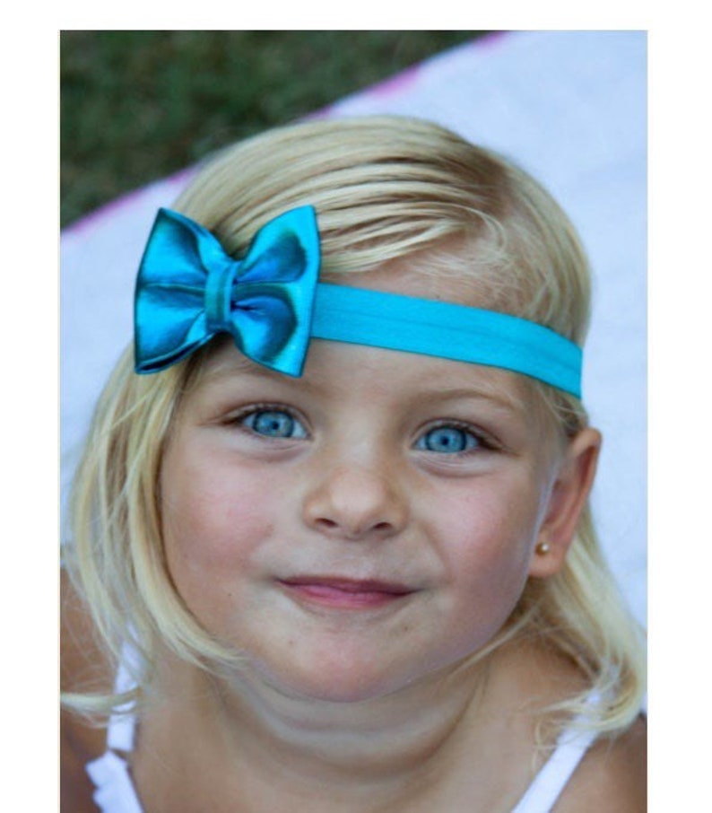 Aqua Bow Headband, Aqua Headband, Aqua Bow, Aqua Blue Headband, Metallic Bow Headband, Newborn Photo Prop, Aqua Flower Girl Headband image 1