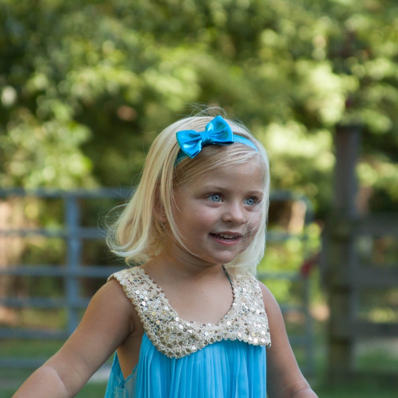 Aqua Bow Headband, Aqua Headband, Aqua Bow, Aqua Blue Headband, Metallic Bow Headband, Newborn Photo Prop, Aqua Flower Girl Headband image 2