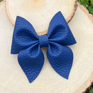 Navy Blue Hair Bow Clip, Blue Faux Leather Hair Bow, Fall Hair Bows, Blue Leather Hair Bows, Toddler Hair Bows, Blue Hair Clips