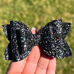 Black Glitter Bow, Black Glitter Pigtail Bows, Pigtail Hair Bows, Black Bow Hair Clip, Glitter Bow, Black Bow Headband, Glitter Bow Headband