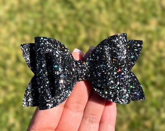 Black Glitter Bow with Rainbow, Black Glitter Pigtail Hair Bows, Black Hair Clip, Glitter Bow, Black Bow Headband, Glitter Bow Headband
