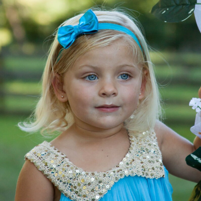 Aqua Bow Headband, Aqua Headband, Aqua Bow, Aqua Blue Headband, Metallic Bow Headband, Newborn Photo Prop, Aqua Flower Girl Headband image 3