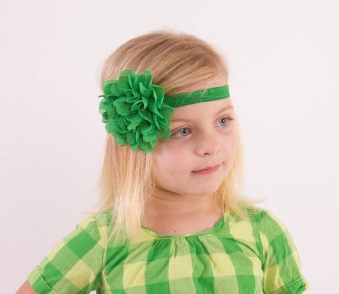 Green Baby Headband, Green Chiffon Flower Headband, Flower Puff