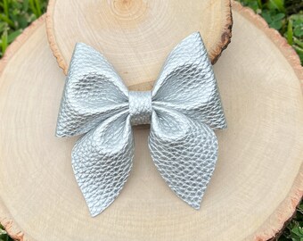 Silver Faux Leather Hair Bows, Silver Hair Bows, Silver Hair Clips, Silver Bows, Metallic Hair Bows, Silver Bow Headband