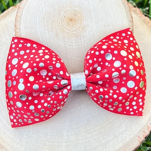 Red and Silver Hair Bow, Red Holographic Bow, Red Cheer Bow, Red Bow, Bling Cheer Bow, Competition Cheer Bow, Tailless Bow, Gymnastics Bow
