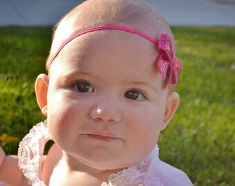 Hot Pink Bow Headband, Pink Headband, Easter Headband, Baby Headband, Sequin Bow Headband, Small Bow Headband, Newborn Photo Props