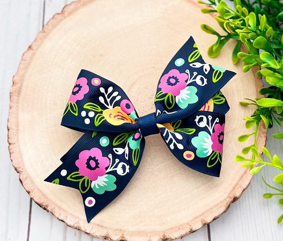 Floral Print Hair Bow: Navy Blue Flower Clip or Headband - Etsy display picture 1
