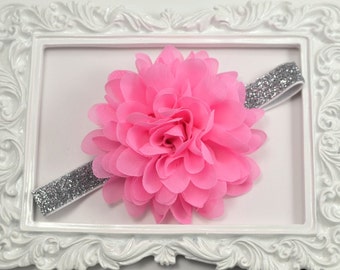 Pink Baby Headband, Pink Chiffon Flower Headband, Flower Puff Headband, Pink Newborn Headband, Glitter Headband, Pink Flower Headband