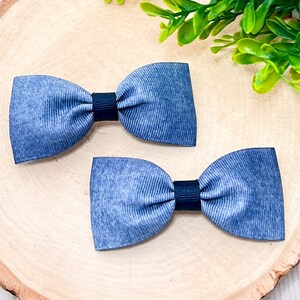 Denim Hair Bows, Denim Bow Clips, Denim Print Pigtail Bows, Blue Denim Bows, Denim Hair Clips, Denim Bow Hair Clips, Denim Clips