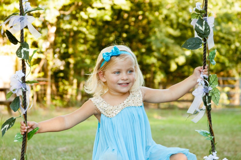 Aqua Bow Headband, Aqua Headband, Aqua Bow, Aqua Blue Headband, Metallic Bow Headband, Newborn Photo Prop, Aqua Flower Girl Headband image 4