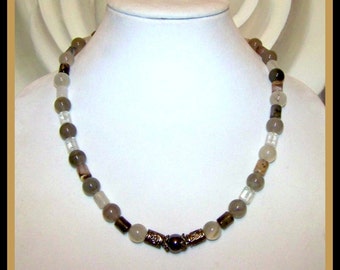 Smoky Quartz & Hematite Necklace – Silver Accents, Unisex Gemstone Jewelry