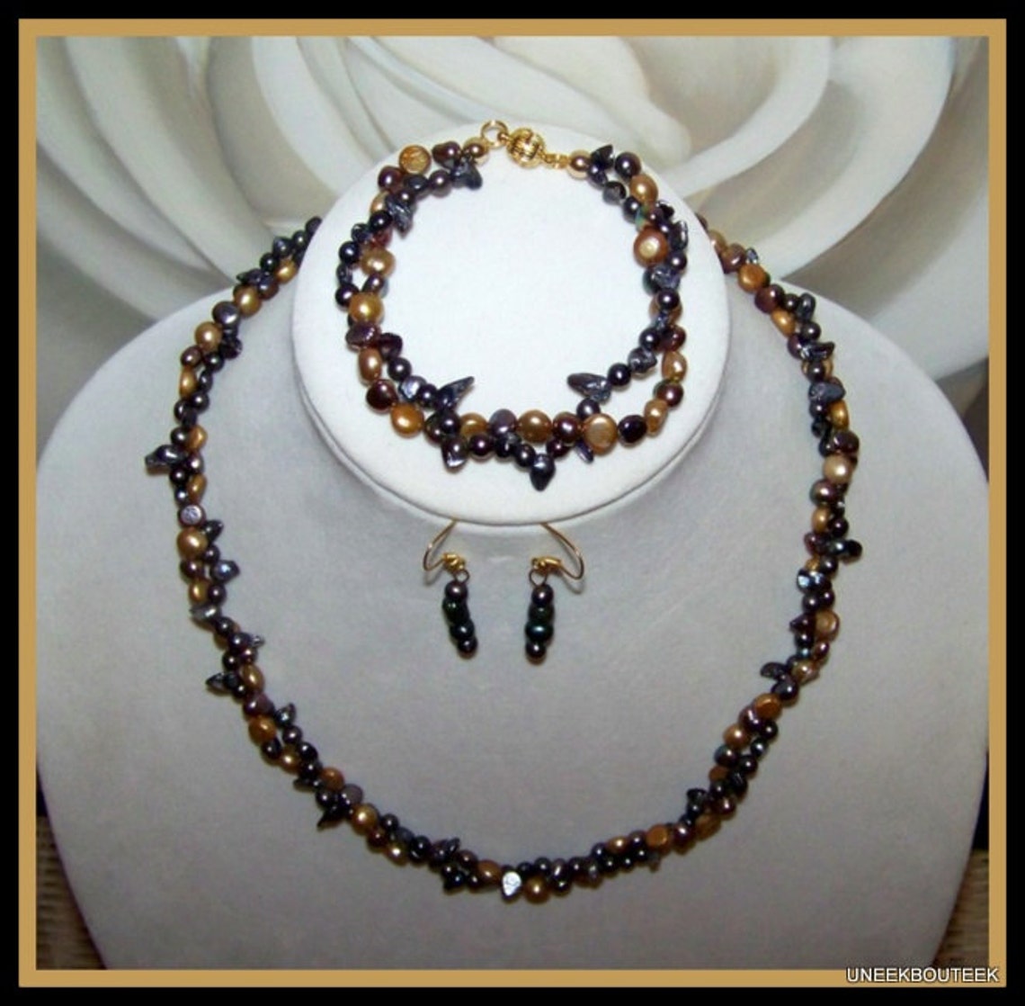 Tahitian Pearl 2 Strand Torsade Necklace Bracelet & Earrings Set Gold ...