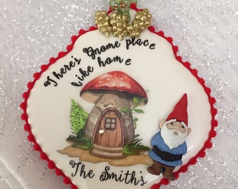 Gnome/New Home personalized Christmas ornament "There's gnome place like home".