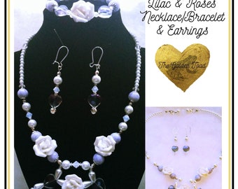 Cream Rose & Lilac Boho Floral Beaded Necklace, Earrings and Bracelet Set, Bridal Gift set, Boho Wedding Jewelry