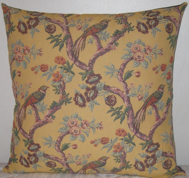 Floral and birds decorative pillow cover-in 24x24 in yellow base, mulberry wine, grey teal, green, high end heavy weight cotton pillow image 2