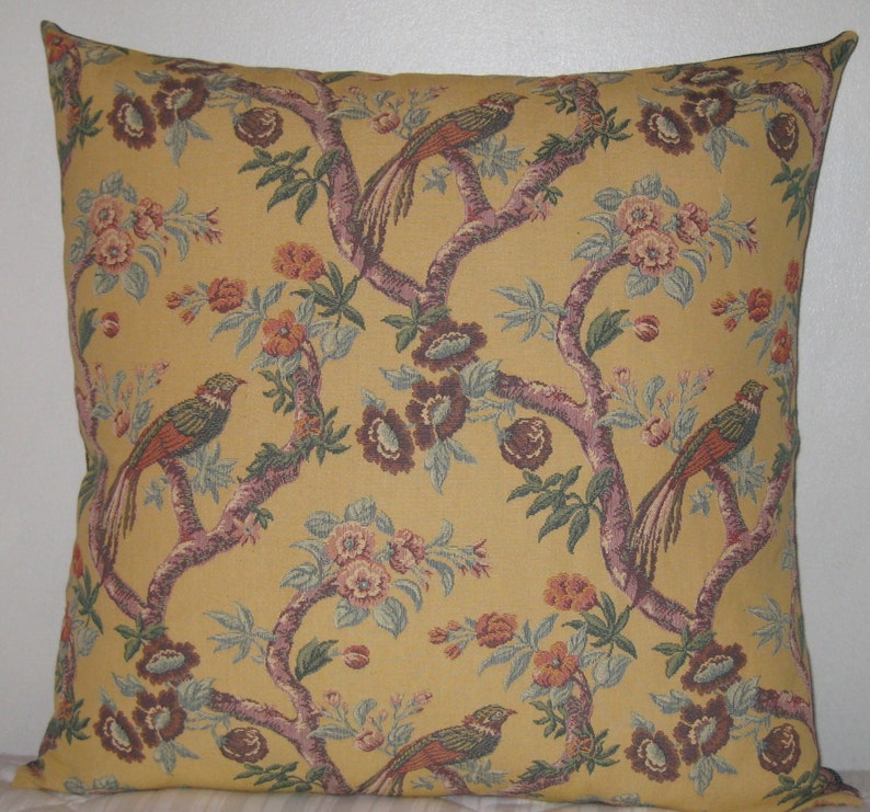 Floral and birds decorative pillow cover-in 18x18 in yellow base, mulberry wine, grey teal, green, high end heavy weight cotton pillow image 1