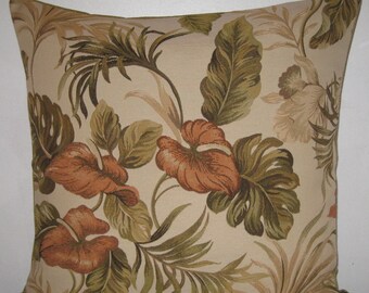 Tropical Floral pattern decorative pillow cover-24"x24" high end linen fabric throw pillow in beige base in green, tan  andlight brown color