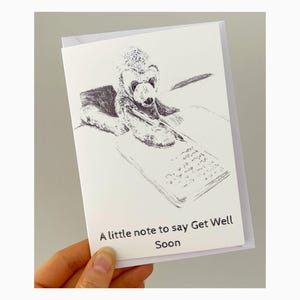 Tarjeta de pronta recuperación, dibujo a lápiz, apoyo emocional, ilustración de osito de peluche dibujada a mano, tarjeta para un amigo, tarjeta de felicitación de bienestar.
